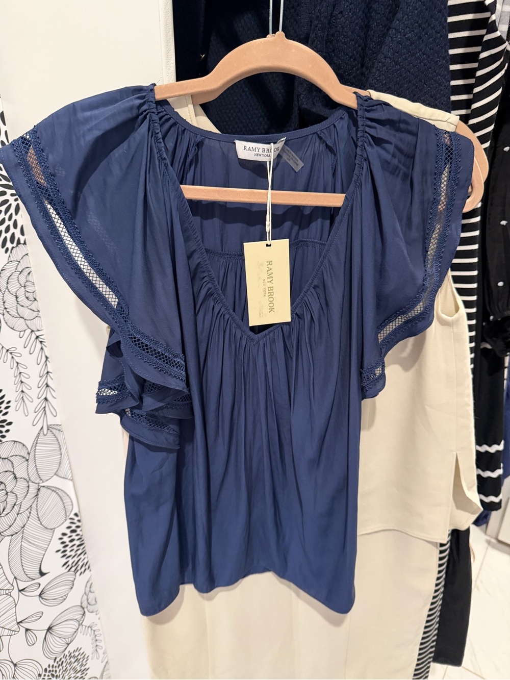 Ramy Brook Navy Lace-Trim Flutter Sleeve Top